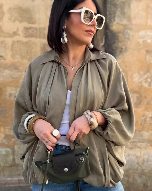 2025 New Satin Bomber Jacket Women Spring Casual Pleated Zipper Jackets Long Sleeve Women'S Coat Casual Female Jackets