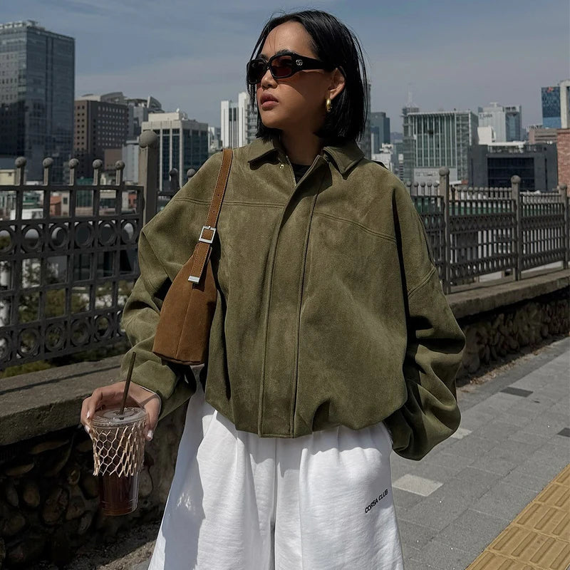 Women'S Bomber Jacket Lapel Long Sleeve Zipper Suede Jacket Women 2025 High Street Cropped Racing Jackets Coats Outerwears
