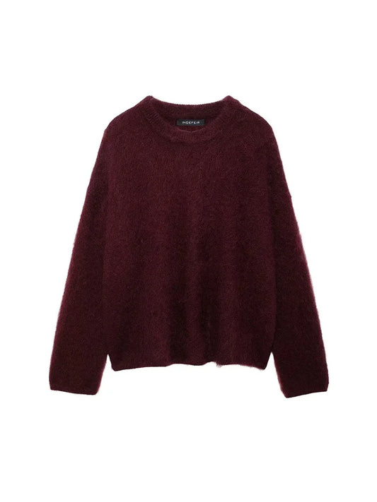 Women'S Solid Colour round Neck Sweater Commuter Style New Burgundy Pullover Long Sleeve Knit Sweater Casual Womenswear